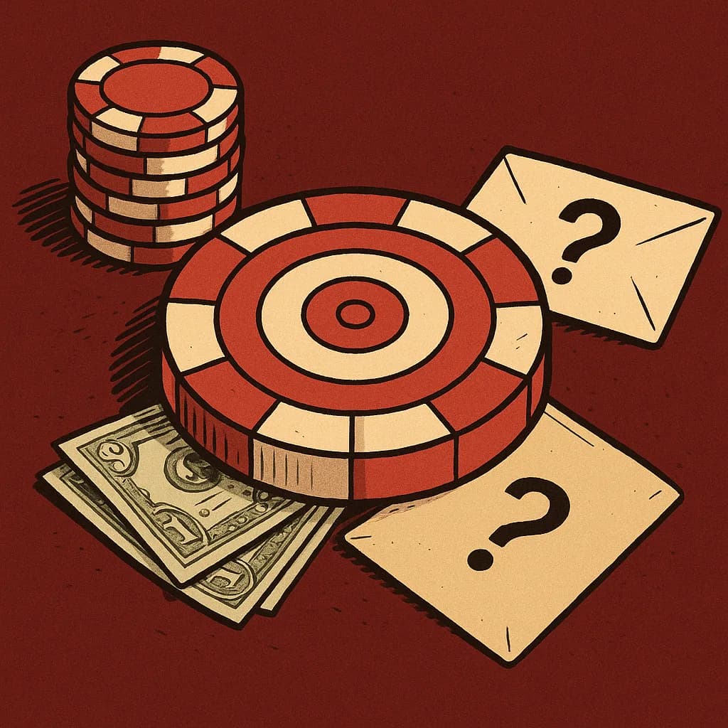An editorial cartoon of an oversized poker chip with a bullseye target on oxblood-red felt, dollar bills tucked under it, red and white chip stacks beside it, and a sealed question-mark envelope.