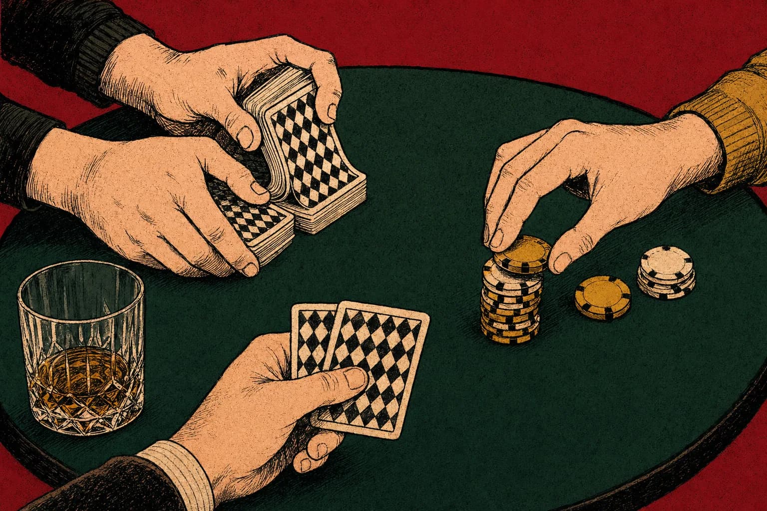 A home poker tournament in progress with chips and cards on a felt table