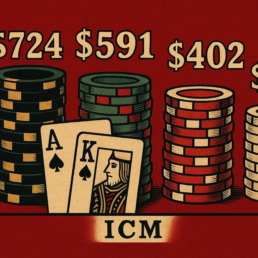 Four stacks of poker chips of decreasing height in a row with dollar amounts $724, $591, $402, and $283 floating above each, plus an ace and king of cards leaning against one stack, on a deep oxblood-red felt background