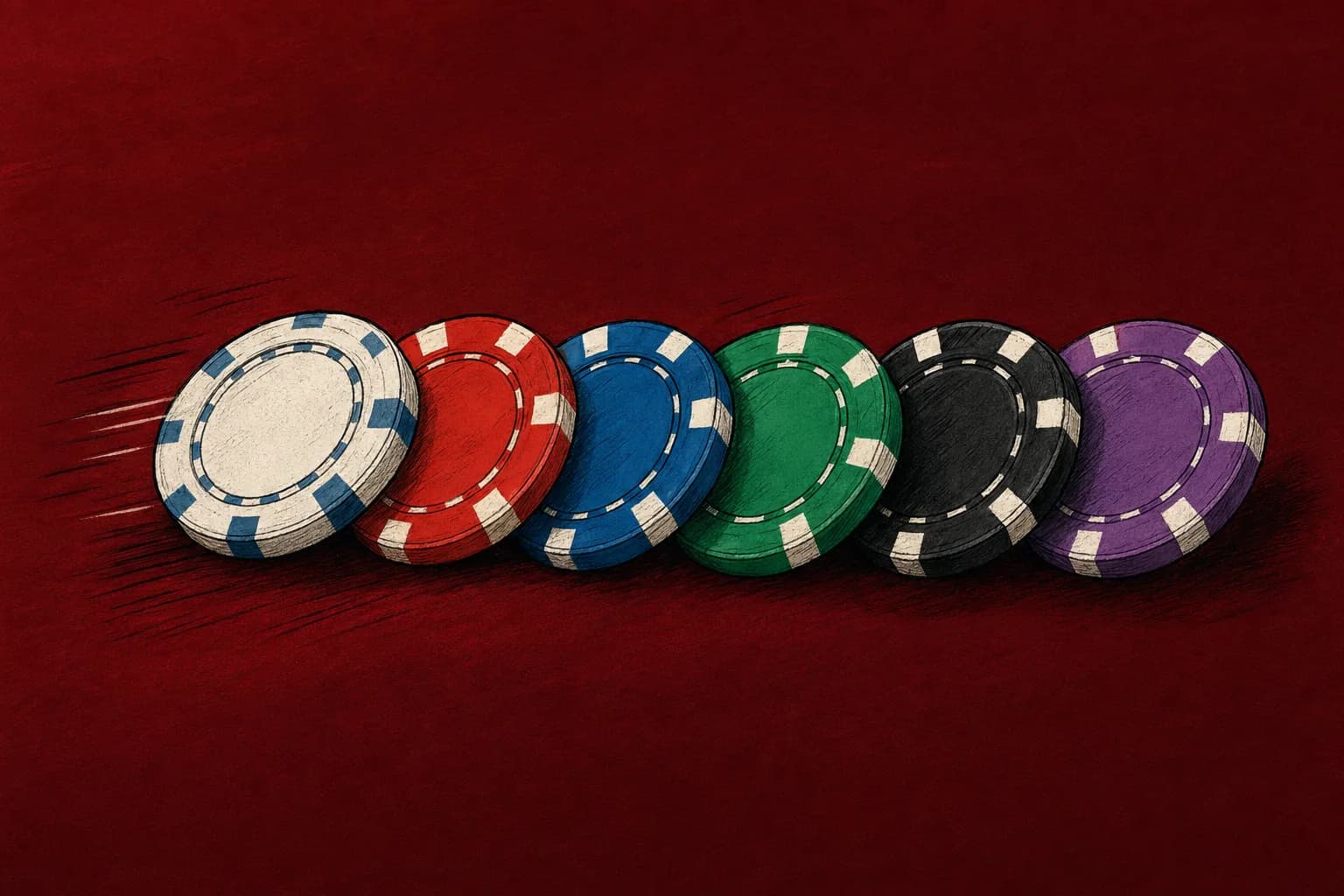 An editorial illustration of a stack of colored poker chips in a row — white, red, blue, green, and black — on a deep oxblood-red felt