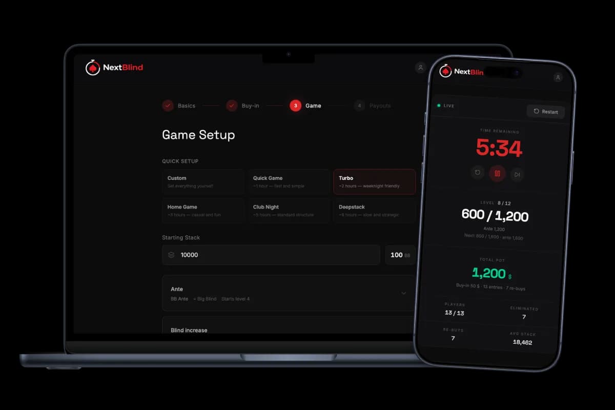 NextBlind running on a MacBook showing tournament Game Setup next to an iPhone showing the live blind timer at level 3