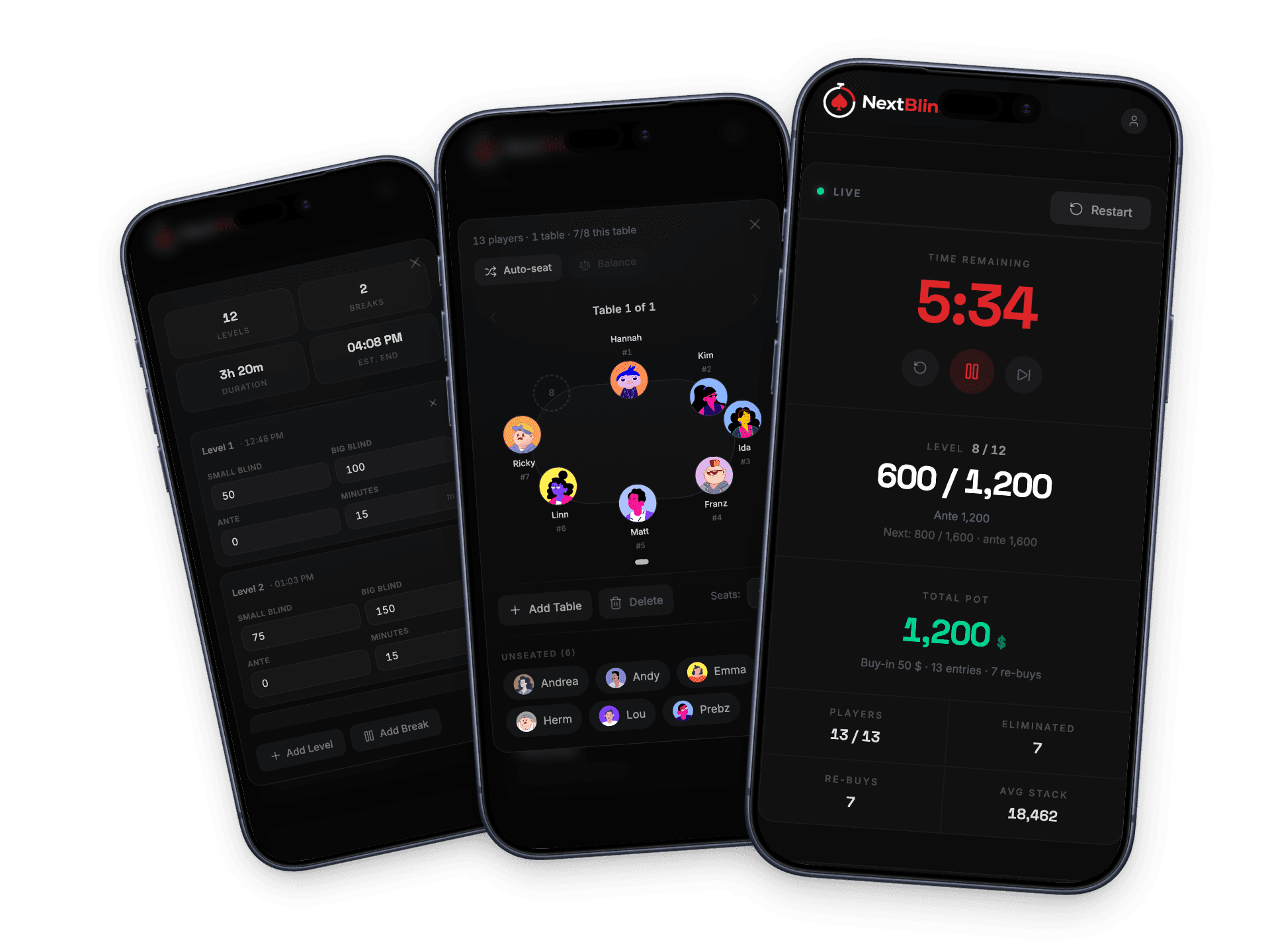 Three iPhones showing NextBlind on different screens — blind structure editor, live timer with red countdown, and seating view with player avatars